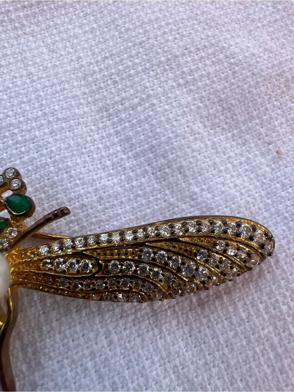 Vintage Art Deco Gold Dragonfly Brooch with Pearl Crystal and Green Accents